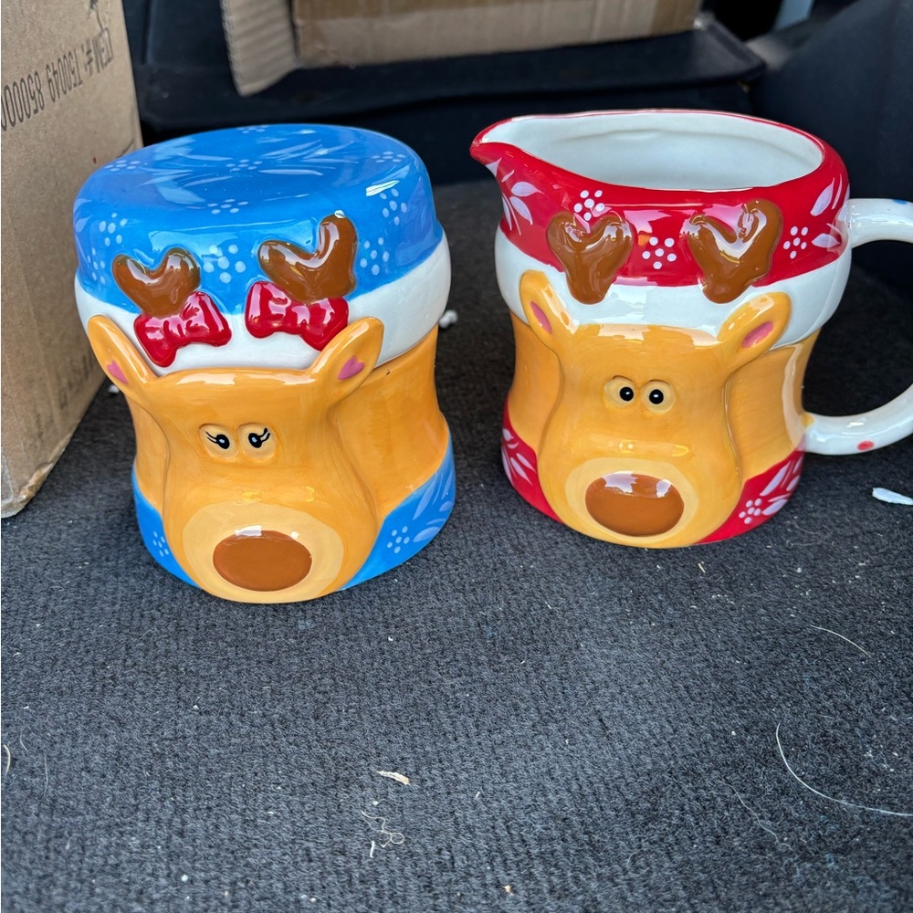 Reindeer Ceramic Sugar and Creamer Set - Red and Blue